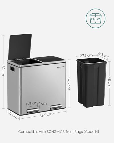 SONGMICS Trash Can, 2 x 6.3-Gallon Stainless Steel Step Bin, Soft Closure - color: Silver, size: 2 x 6.3 Gal.