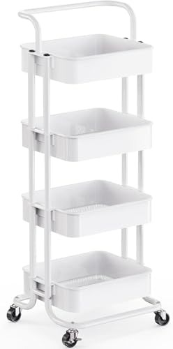 Pipishell Metal 4 Tier Rolling Cart with Handle & 2 Lockable Wheels, White - color: White, size: 4-Tier