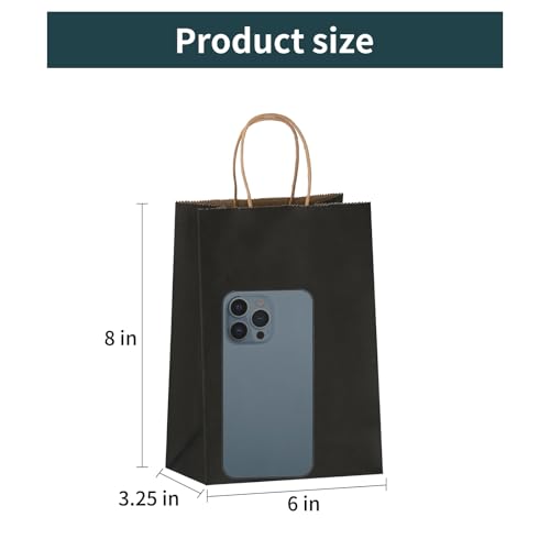 Joybe 100 Pack 5.95x3.25x8 Inch Small Black Paper Bags with Handles Bulk, Kraft Paper Gift Bags for Birthday Party Favors Grocery Retail Shopping Business Goody Merchandise Craft Blank Sacks (100pcs)