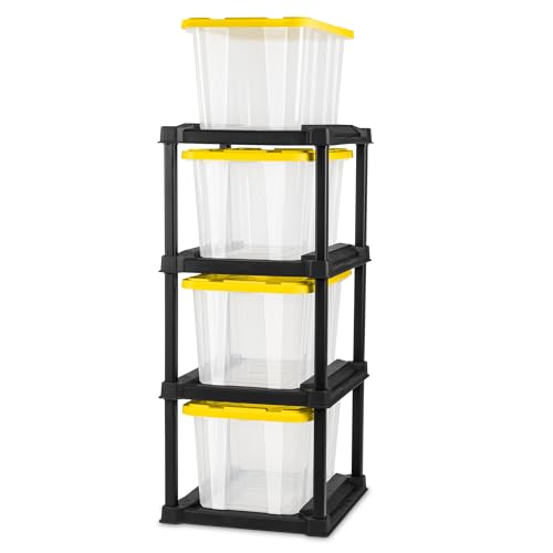 Sterilite 4-Tier Tote Rack & 4-Pack 27 Gallon Storage Box, Shelf and Tote Organizers - Plastic Shelving Unit and Container Bins for Bathroom, Garage, Pantry, Bookshelf, and Bedroom Organization - size: 27 Gallon - Clear/Yellow + Tote Rack