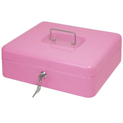 Steel Cash Box with Key Lock, Metal Small Money Organizer with Money Tray,Cash Storage Box with Lockable Cover (Pink - 11.8" x 9.4" x 3.5") - color: Pink - 11.8" x 9.4" x 3.5"