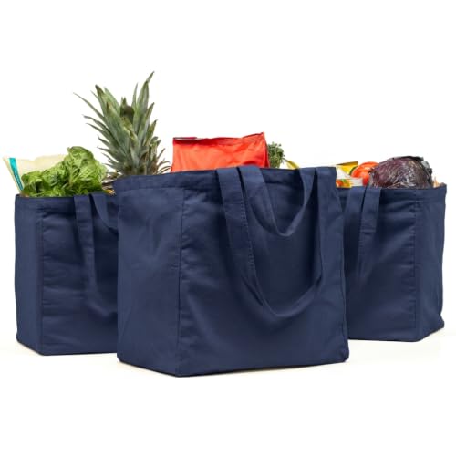 VeraMia Canvas Grocery Bag 3pc XL Set with Real Pockets, Long Shoulder Strap and Short Handle. Heavy Duty, Foldable, Washable - color: Navy Blue