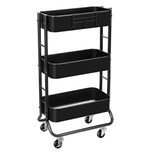 MAX Houser Slim 3-Tier Rolling Utility Cart with Extra Hook, Black - color: Black, size: 3-Tier Narrow Cart