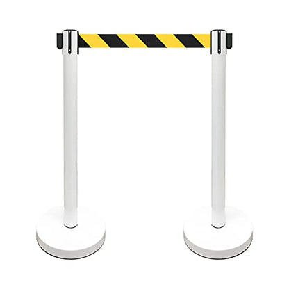 VIP Crowd Control Retractable Belt Stanchion Queue Safety Barrier Set, 36" Ht, 78" Belt (2 WHT Posts Black/Yellow Belt) - color: 2 WHT Posts Black/Yellow Belt