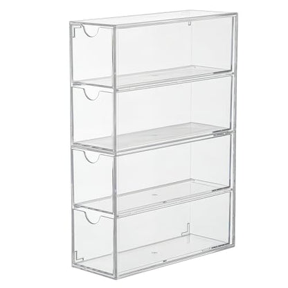 Acrylic Sunglasses Organizer with 4 Drawers - Clear Eyeglass Holder & Storage Case for Multiple Pairs, Jewelry, Makeup,Stackable Display Stand for Home, Office, Travel