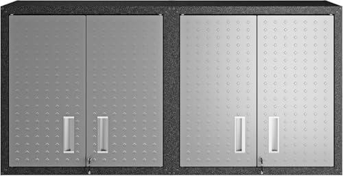 Manhattan Comfort Fortress 30" Floating Garage Storage Cabinet Set of 2, Lockable, Adjustable Shelves, Recessed Handles, Steel Wall Mounted Utility Cabinet for Workshop, Garage, Basement in Grey/Black - color: Black/Grey, style: Dual Floating