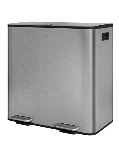 GarveeHome 2 x 10.6 gal Stainless Steel Double Trash Can with Lid for Kitchen, Large Dual Trash and Recycle Bin Combo, Step-on Kitchen Metal Garbage Cans, PP Inner Buckets, Liner Rim, Matte Grey - color: Matte Grey, size: 2 x 10.6 gallon