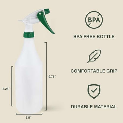 (3 Pack) Plastic Spray Bottle 32 Oz | All-Purpose HDPE Spraying Bottles Leak Proof Mist Empty Water Sprayer for Cleaning Solution, Oils, Hair, Planting, Pet with Adjustable Nozzle - White/Green