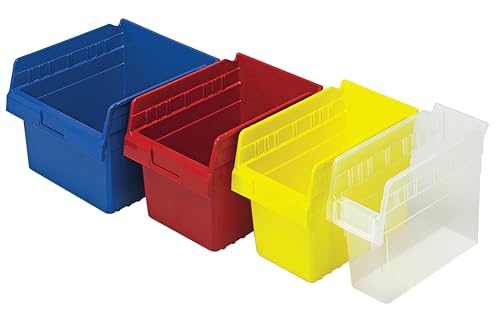 Quantum Storage QSB109 Heavy-Duty Nesting Plastic Shelf Bins for Pharmacy, Hospital & Warehouse, Hanging Lip & 7 Divider Slots, 12" x 12" x 4", Yellow, 8-Pack