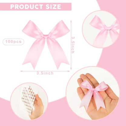 Pink Bows 100 Pcs 3.5 Inch Pre-Tied Satin Ribbon Bows with Adhesive Dots - color: Pink, size: 100 PCS