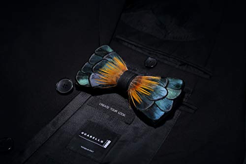 RBOCOTT Handmade Feather Pre-tied Bow tie and Brooch Sets for Men - color: Peacock Blue/Orange