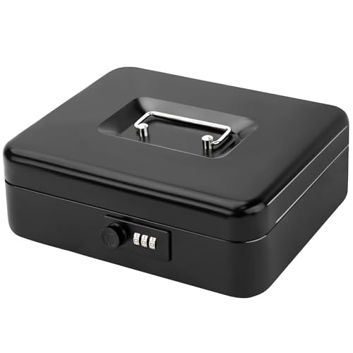 Jssmst Large Cash Box with Combination Lock – Durable Metal Cash Box with Money Tray Black(9.8 x 7.9 x 3.5), SM-CB07001L - color: Black, size: Large