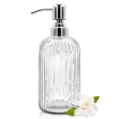18 Oz Glass Soap Dispenser with Stainless Steel Pump, Modern Ribbed Design Refillable Liquid Soap Bottle for Bathroom, Kitchen, Hand Soap, Dish Soap, or Lotion - color: Transparent