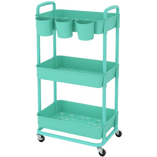 JIUYOTREE 3-Tier Plastic Rolling Storage Cart Utility Cart Green - color: Green, size: 3-Tier