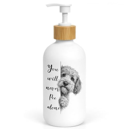 Goldendoodle Dog Bathroom Soap Dispenser, Goldendoodle Lover Gifts Glass Hand Soap Dispenser with Pump, Funny Dog Refillable Handsoap Liquid Bottle for Bathroom Countertop - color: Funny Goldendoodle