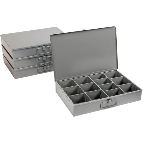 Global Industrial Durham Steel Compartment Box Rack with Four Adjustable Divider Compartment Boxes, 18" L x 12" W x 3" H Boxes, 20" L x 15-3/4"W x 15" H Overall