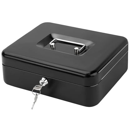 Jssmst Cash Box with Key Lock, Money Box with Cash Tray, Lock Box, Black, Large - color: Black, size: L(9.84")