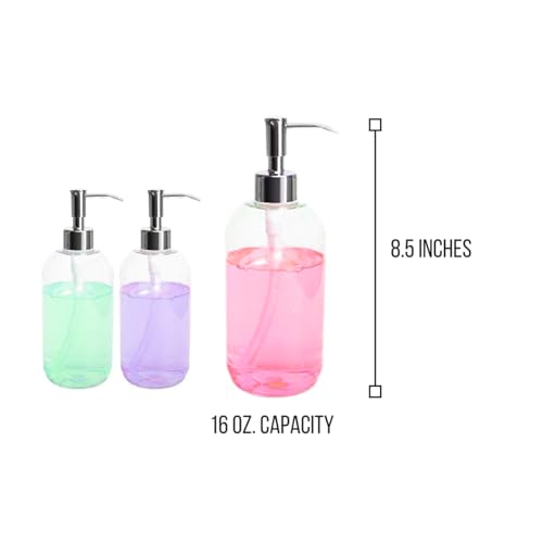 Refillable Clear Soap Dispenser Bottles with Pump, 16 oz (3 Pack) | BPA-Free Plastic Boston Round Containers for Hand Soap, Lotion, Shampoo, Kitchen & Bath