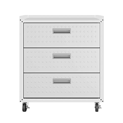 Manhattan Comfort Fortress 31.5-Inch Rolling Garage Tool Chest, 3-Drawer Lockable Mobile Storage Cabinet, Diamond-Textured Steel Utility Organizer with Wheels for Basement, Workshop in White - color: White, style: 3-Drawer