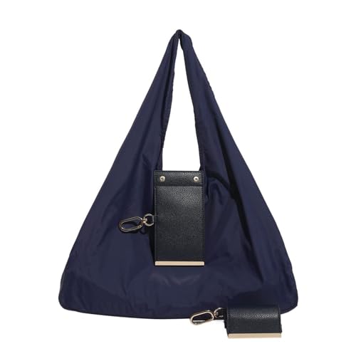 Foldable Nylon Tote Bag w/Keychain Lightweight Reusable Shopping Bag - color: Navy Blue