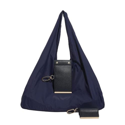Foldable Nylon Tote Bag w/Keychain Lightweight Reusable Shopping Bag - color: Navy Blue