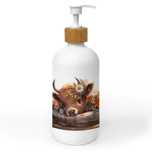 Floral Highland Cow Soap Dispenser, Rustic Farmhouse Farm Animal Glass Dish Soap Dispenser for Kitchen, Highland Cow Refillable Handsoap Pump Bottle for Bathroom Countertop Kitchen - color: Farmhouse 01