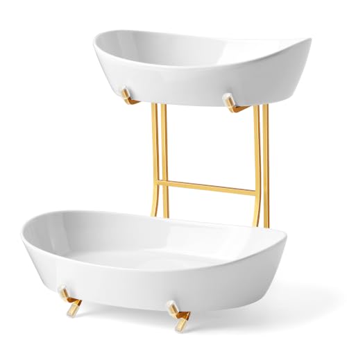 2 Tier Ceramic Fruit Bowl for Kitchen Counter with Gold Metal Stand - color: Gold, size: 2 Tier