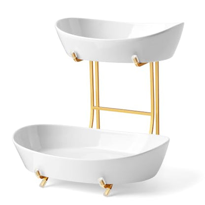 2 Tier Ceramic Fruit Bowl for Kitchen Counter with Gold Metal Stand - color: Gold, size: 2 Tier