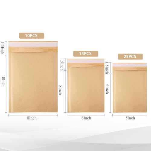 50 Pcs Kraft Bubble Mailers 3 Size Padded Envelopes, Natural - color: Natural