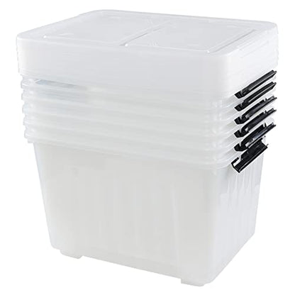 Jekiyo 50 L Clear Storage Bin on Wheels, Large Plastic Latching Box, 6 Pack - size: 50 L