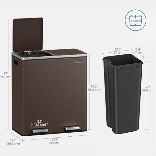 SONGMICS Trash Can, 2 x 8 Gallon (2 x 30 L), Brown - color: Brown, size: 2 x 8 Gallon