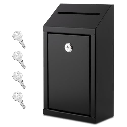EIENHOSHI Metal Donation Box with Lock, Wall Mounted, Suggestion Box with 4 Iron Keys, Black, Cash Drop Box with Slot, 1-Pack - color: Black