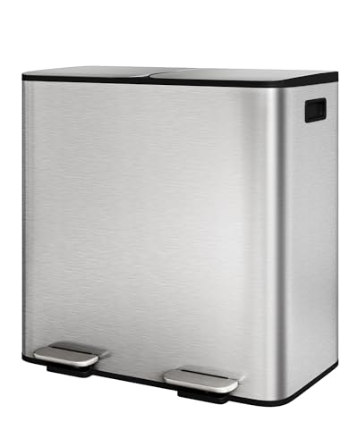 GarveeHome 2 x 10.6 gal Stainless Steel Double Trash Can with Lid for Kitchen, Large Dual Trash and Recycle Bin Combo, Step-on Kitchen Metal Garbage Cans, PP Inner Buckets, Liner Rim, Silver - color: Silver, size: 2 x 10.6 gallon