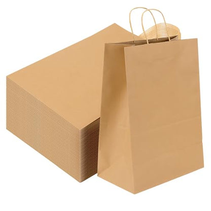KEILEOHO 50 Pack Bulk 12x7x17 Inch Large Kraft Paper Grocery Bags with Handles, Reusable Brown Paper Shopping Bags Sacks for Gift Wrapping, Retail, Takeout