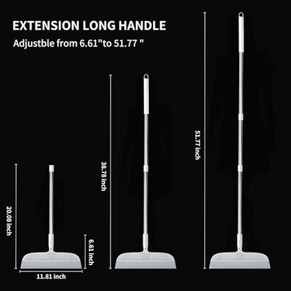 Floor Squeegee Broom for Pet Hair Removal, Silicone Rubber Blade with 51.77" Detachable Handle, 11.8" Wide Head, 180° Swivel for Hardwood, Tile, Low-Pile Carpet, Wet Room Floors & Liquid Spills