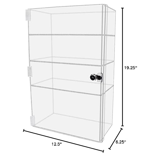Marketing Holders Countertop Clear Acrylic Cabinet Free Standing Vertical Three Shelf 12" x 6" x 19" Locking Display with Two Keys Retail Merchandise Showcase Storage Multi Level Cupboard - size: 12"W x 6"D x 19"H