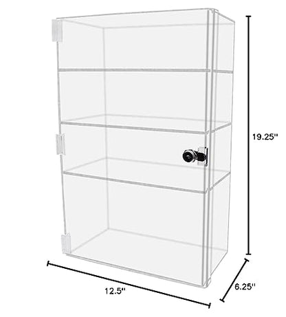 Marketing Holders Countertop Clear Acrylic Cabinet Free Standing Vertical Three Shelf 12" x 6" x 19" Locking Display with Two Keys Retail Merchandise Showcase Storage Multi Level Cupboard - size: 12"W x 6"D x 19"H