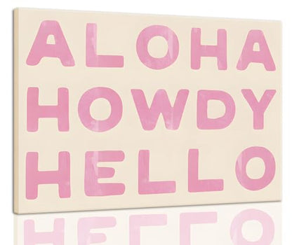 Aloha Howdy Hello Wall Art, Trendy Western Coastal Cowgirl Room Aesthetic Canvas Poster,Preppy Pink Text Pictures Horizontal Funky Bar Cart Prints For Teen Girl Dorm Bedroom Wall Decor Framed (pink,
