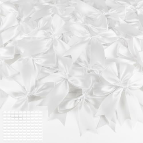 White Bows 60Pcs 3.5Inch Pre-Tied Satin Bows Ribbon with Adhesive Dots - color: White, size: 60 PCS