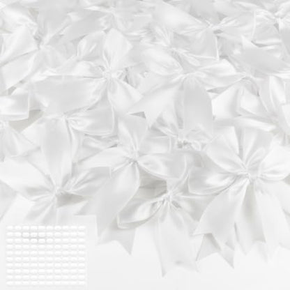 White Bows 60Pcs 3.5Inch Pre-Tied Satin Bows Ribbon with Adhesive Dots - color: White, size: 60 PCS
