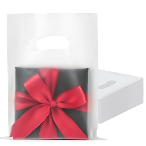 VieFantaisie 100 PCS Clear Plastic Gift Bags, 6" x 8" Goodie Bag for Candy Treat Craft, Party Favor Bags with Die Cut Handles for Birthday Party, School Events & Small Business, Retail - color: Clear-100PCS