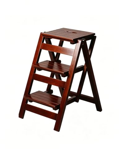 3-Step Wooden Folding Step Stool – Solid Pine Frame, Non-Slip Steps, Anti-Scratch Base, 337lb Capacity – No Assembly Required, Space-Saving for Kitchen & Home – Walnut (Dark Walnut) - color: Dark Walnut
