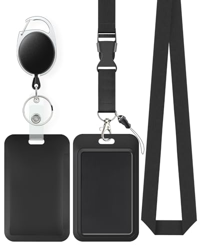 Uniclife Sliding Badge Holder Vertical Plastic Case with Retractable Badge Reel Carabiner and Detachable Lanyard Strap Hard Card Protector for ID Credit Proximity Key Card Driver’s License and Pass - color: Black