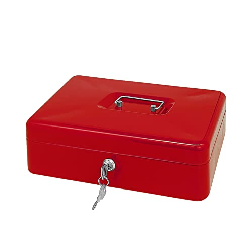 Steel Cash Box with Key Lock, Metal Small Money Organizer with Money Tray,Cash Storage Box with Lockable Cover (Red - 12 inch) - color: Red - 11.8" x 9.4" x 3.5"