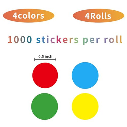 4000 PCS 0.5 Inch Color Coding Labels Dot Stickers,Can Writing for Office,Student Classroom and Other Scenarios (4 Rolls,1000 Labels Per Roll) - color: 4 Colors