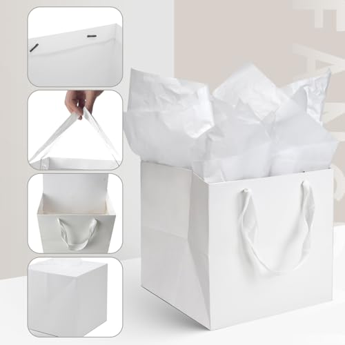 Papertide 24 Pack 8x8x8 inch White Square Gift Bags with Tissue Ppaper - color: White