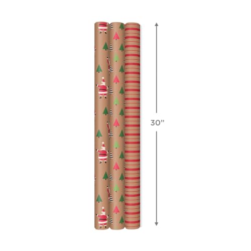 Hallmark Christmas Wrapping Paper Rolls, Brown Kraft Holiday Gift Wrap (Pack of 3: 90 sq. ft. ttl) Kraft with Santas, Trees, Stripes