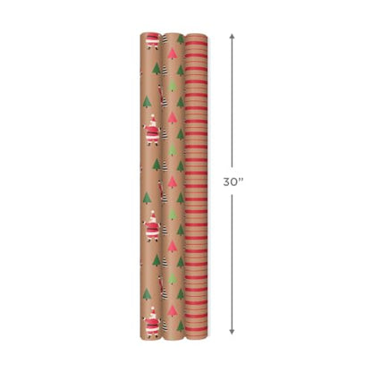 Hallmark Christmas Wrapping Paper Rolls, Brown Kraft Holiday Gift Wrap (Pack of 3: 90 sq. ft. ttl) Kraft with Santas, Trees, Stripes