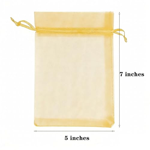 KLLPNW 100 Count Sheer Organza Mesh Drawstring Gift Wrap Bags 5x7 Inch Gold - color: Gold, size: 5x7 Inch (Pack of 100)