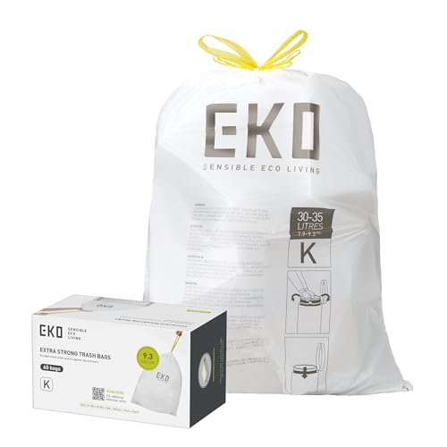 EKO 9.3 Gallon / 30–35 Liter Drawstring Trash Bags, 60 Count Heavy-Duty Tall Kitchen Garbage Can Liners, Extra-Strong Leak-Resistant, Unscented, White, Code K - size: 60 Count (Pack of 1), style: 9.3 Gallon Bags/Code K